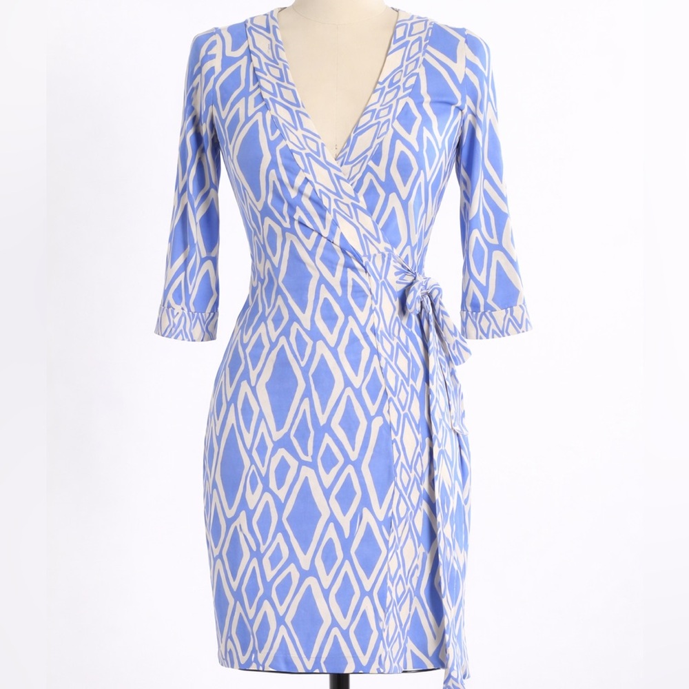 Diane Von Furstenberg Blue and White Geometric Julian Wrap Dress